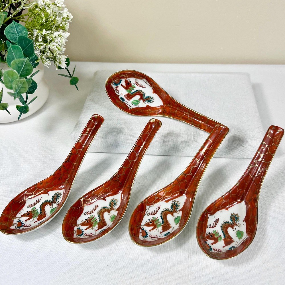 Vintage Japanese Porcelain Dragon Soup Spoons | Set of 5